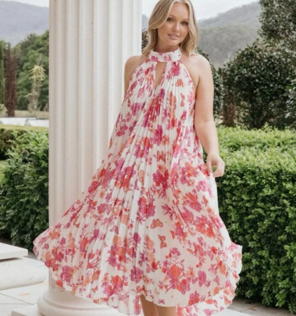 Petal & Pup Gardenia Halter Dress Pink Floral Size S Open Back NWT